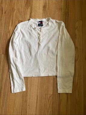 Tommy Hilfiger White Ruffle-Trim Long Sleeve Henley